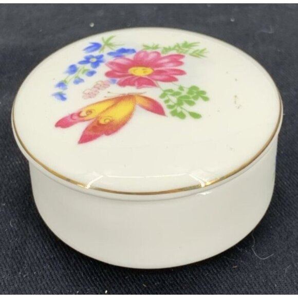 Lefton Trinket Box Bone China Flower Butterfly Flowers 2" Vintage - Picture 4 of 8